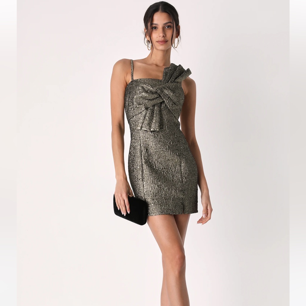 Nwt Twist Gold Metallic Jacquard Twist-Front Mini Dress